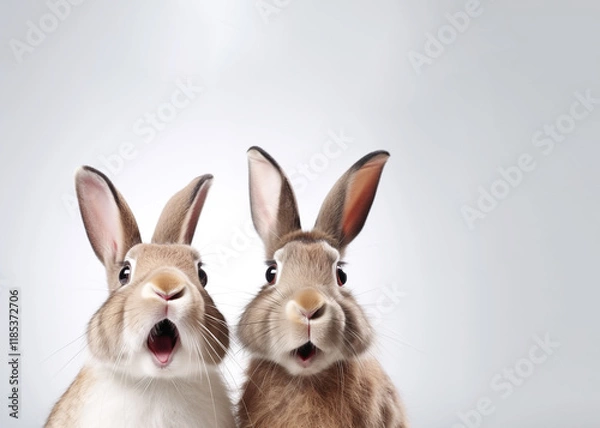 Fototapeta Two rabbits look amazed on gray background with copy space