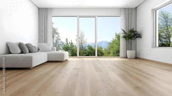 Fototapeta A bright, modern living room featuring a light wooden floor, large windows with a scenic view, and a minimalist white couch with cushions