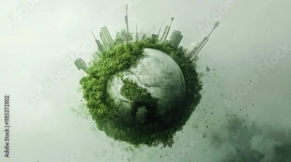 Fototapeta Green Cityscape: A vibrant city skyline emerges from a lush, green Earth, symbolizing a harmonious future where nature and urban life coexist. A powerful image of sustainability, environmentalism.