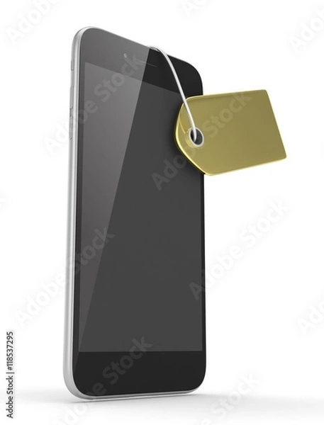 Fototapeta Smart phone with golden price tag on white background. Identification, price, label. Luxury and expensive offer. 3D rendering.