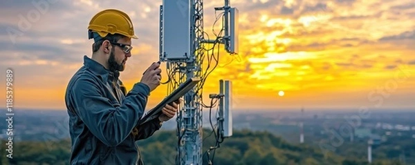 Fototapeta A technician in a helmet inspects a telecommunications tower during sunset, showcasing the blend of technology and nature.