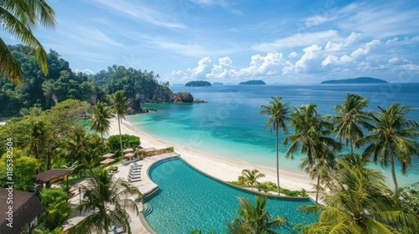 Fototapeta Stunning Luxury Beachfront Resort with Pool Surrounded by Lush Palm Trees and Crystal Clear Waters