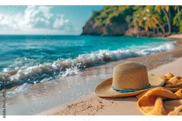 Fototapeta Straw hat on a sandy beach with turquoise water in the background. AI generative. .