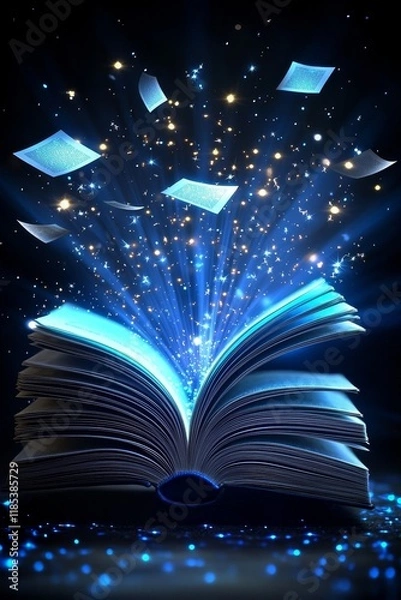 Fototapeta Open Book with Magical Light and Flying Pages, Magic, Fantasy