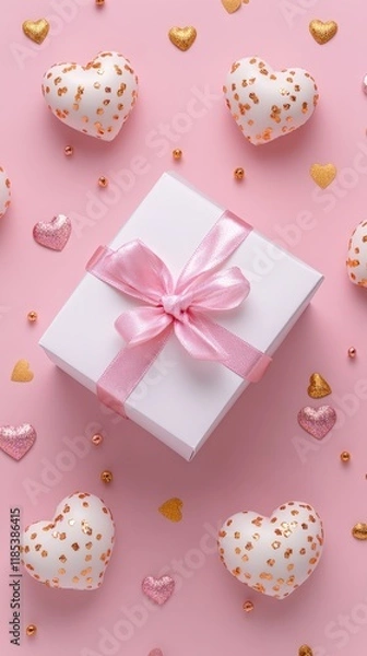 Fototapeta A charming white box adorned with a delicate pink bow and shimmering gold hearts, perfect for expressing love on Valentine's Day.