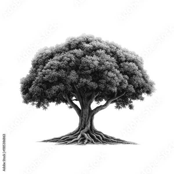 Fototapeta A grayscale illustration depicts a large ancient tree with a full crown and a sprawling root system against a black background.