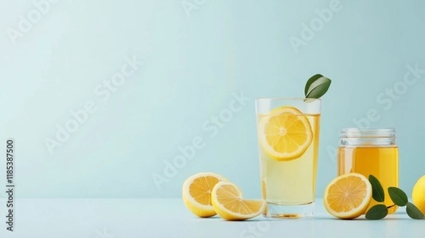 Fototapeta Refreshing Lemon Drink with Honey and Fresh Lemon Slices on a Light Background for Summer Vibes and Healthy Living Inspiration