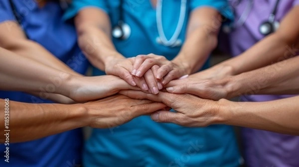 Fototapeta Close-up of hands stacked on top of each other, with a blurred background of blue and purple shirts. AI generative. .