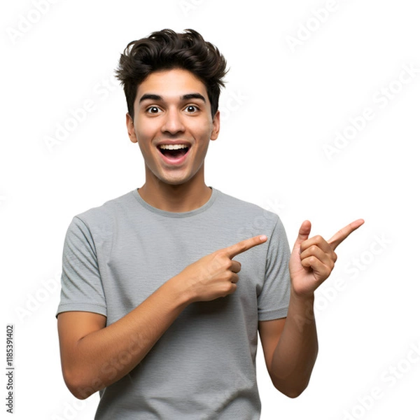 Fototapeta 4k backgroundless cutout of a surprised and happy man pointing