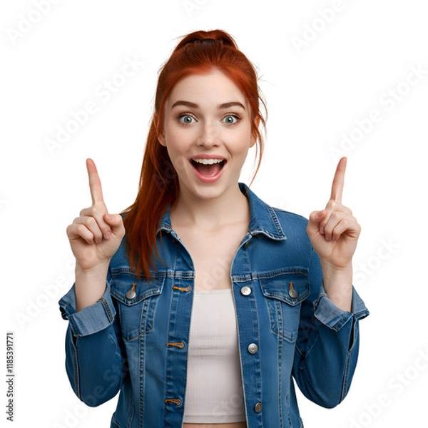 Fototapeta 4k backgroundless cutout of a surprised and happy woman pointing