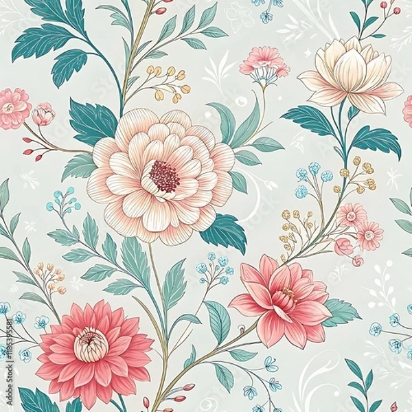 Fototapeta Delicate floral pattern with pastel colors, A charming floral pattern featuring pink, cream, and red flowers with teal leaves on a light background, perfect for elegant designs.  
