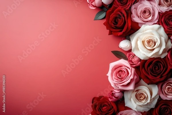 Obraz A delicate pink background frames a beautiful border of red and white roses, symbolizing love and romance, perfect for Valentine's Day celebrations.