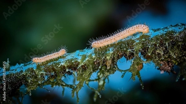 Fototapeta Two Caterpillars on Mossy Branch  Close up Macro Photography