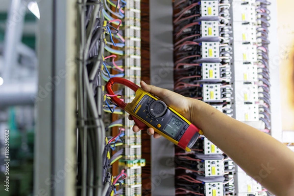 Fototapeta Electrical engineering uses a multimeter to measure the electrical current of wires.