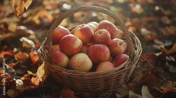 Fototapeta Autumn Apples in Wicker Basket, Fall Harvest Scene