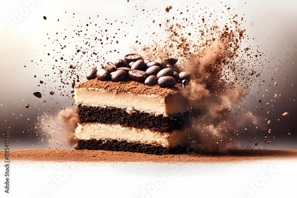 Fototapeta Decadent Tiramisu Cake, Coffee Beans Explode in Cocoa Powder Dust, Creating a Delicious Dessert.