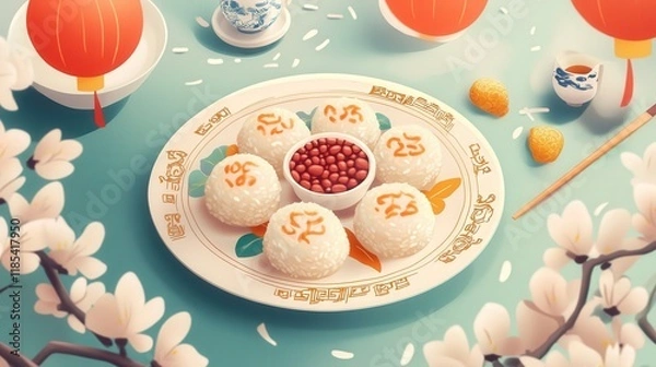 Fototapeta Chinese New Year rice cakes with sweet red bean filling, symbolizing unity and togetherness for family celebrations