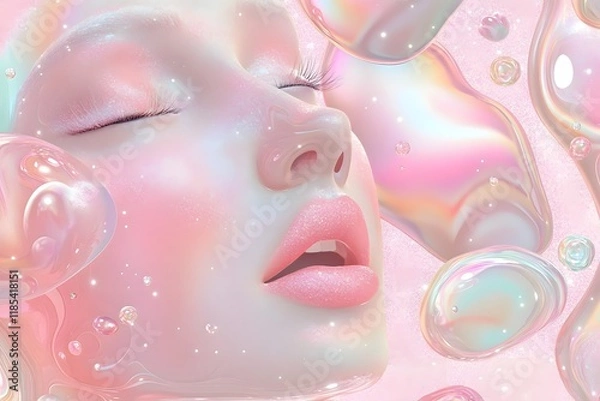 Obraz Mesmerizing face Fusion of Pink Pastel Holographic Colors Flowing as Elegant Waves, Intertwined with Iridescent Bubbles Creating a Soft, Ethereal Atmosphere of Captivating Luminosity