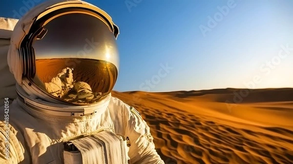 Fototapeta Close-Up Portrait of an Astronaut Wearing a Reflective Helmet and Space Suit, Facing the Camera with Intensity and Focus While Standing in a Vast, Arid Desert Landscape Evoking mars exploration