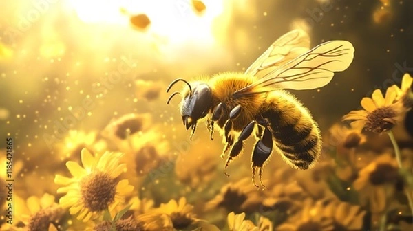 Fototapeta Close-Up of a Busy Bee Collecting Nectar from Vibrant Yellow Flowers in Full Bloom, Capturing a Moment of Pollination in Nature with Warm Sunlight and Delicate Petal Details
