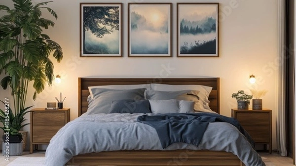 Obraz Modern bedroom interior, warm lighting, wood frame bed, blue bedding, framed landscape artwork, floor lamp, nightstand, potted plant, large window, wood flooring, textured wall panels, cozy atmosphere