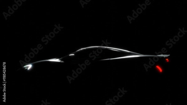 Fototapeta Silhouette of black sports car with headlights on black background, photorealistic 3d illustration render