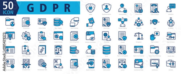Fototapeta GDPR ICON SET With Pseudonymisation, Anonymization, Privacy Policy, Code of Conduct, Complaint, Personal Data, Transparency, Online Privacy, Data Integrity and Data Portability