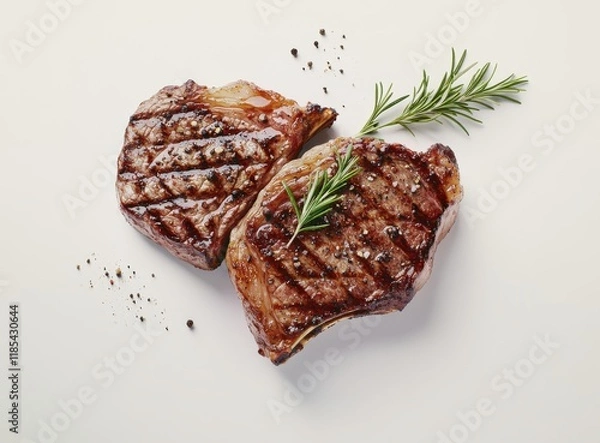 Fototapeta Deliciously Grilled Pork Chops with Fresh Herbs and Spices on a Clean White Background for Culinary Inspiration and Food Photography
