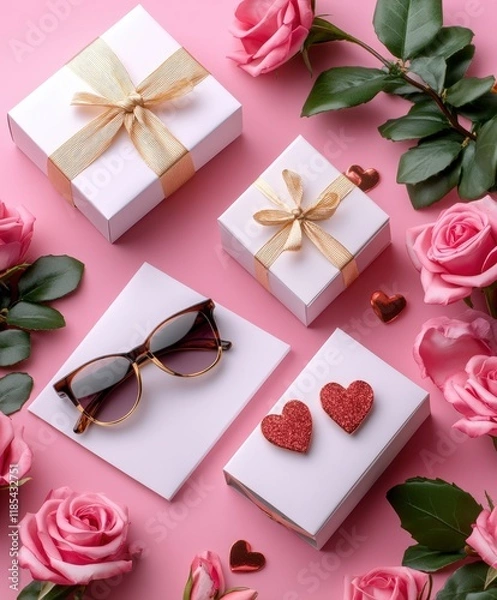 Fototapeta Three charming boxes adorned with hearts sit together, accompanied by a stylish pair of sunglasses, radiating love and playful spirit for Valentine's Day.