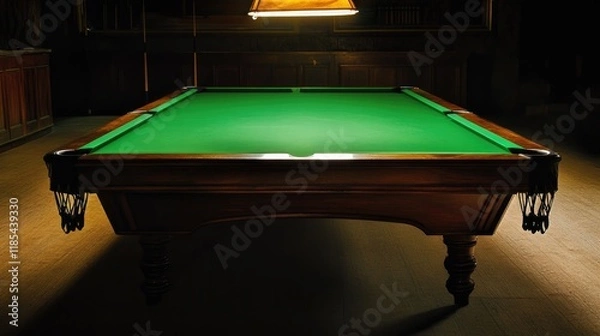 Fototapeta A snooker table viewed from the side, highlighting the rich wooden rails.