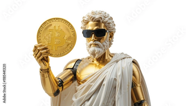 Fototapeta modern golden greek statue with robot armor holding a bitcoin on a transparent background