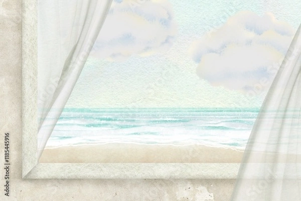Obraz Window view background, cute seaside illustration