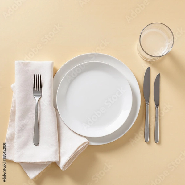 Fototapeta Stylish table setting featuring a plate and napkins on a beige wooden background, ideal for dining, events, and home decor inspiration.