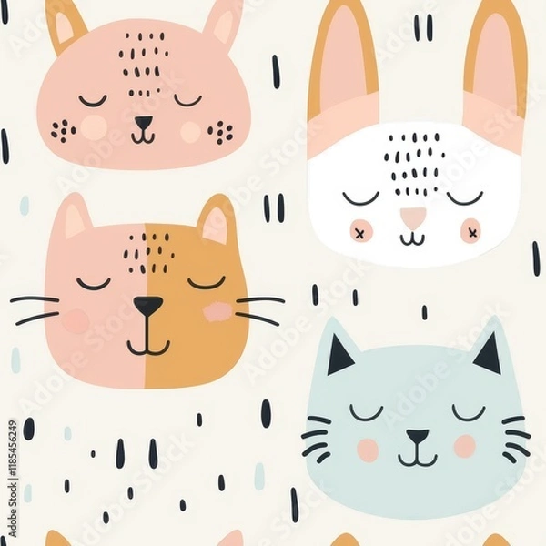 Fototapeta Cute and Playful Animal Faces Pattern Featuring Cats and Dogs in Soft Pastel Colors for Children's Room Decor and Illustrations