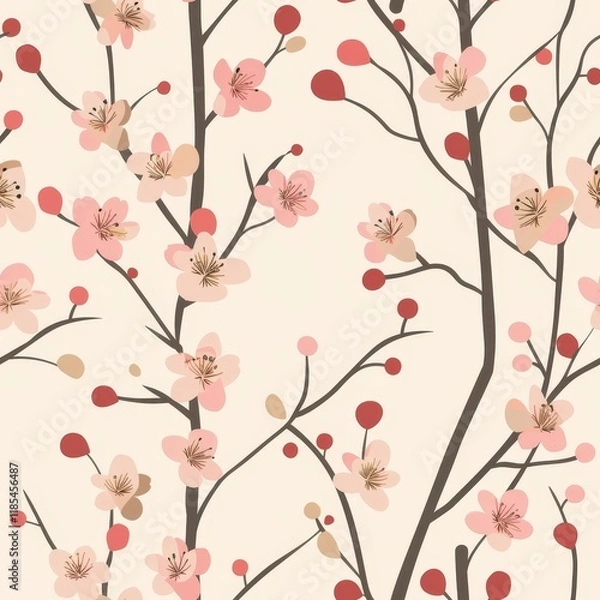 Fototapeta Delicate Floral Pattern with Pink Flowers and Light Beige Background for Elegant Textile and Paper Designs
