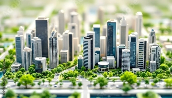 Obraz Maqueta en miniatura de una ciudad moderna con espacios verdes y edificios altos