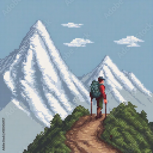 Fototapeta Pixel art depicting a man conquering a mountain with a backpack.