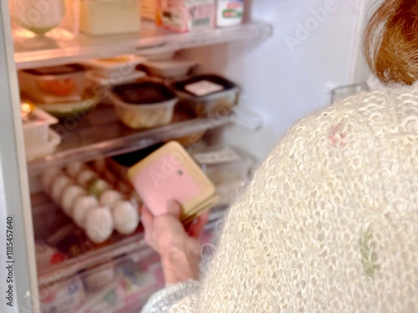 Fototapeta 冷蔵庫に財布を入れる高齢女性の手