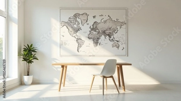 Fototapeta A minimalist study features a large world map print above a light wood dining table and a single white chair, bathed in sunlight.