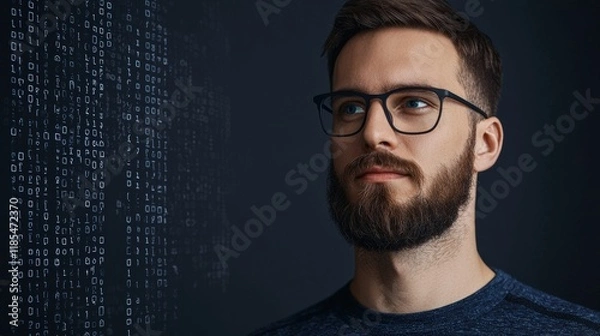 Fototapeta A focused man with glasses stands against a dark backdrop filled with binary code, evoking themes of technology and data.