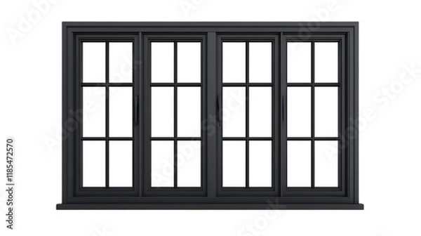 Fototapeta Dark wooden window frame, double-pane, six-panel design isolated on transparent background