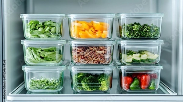 Fototapeta A neatly organized refrigerator showcasing fresh vegetables and fruits in glass containers, promoting healthy eating and meal prep.