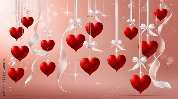 Obraz Hanging red hearts on light pink-red background.