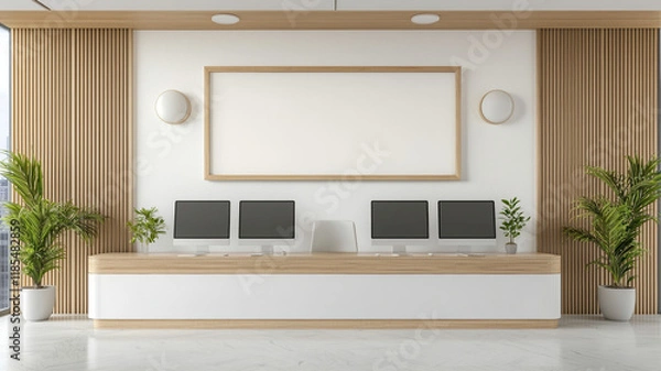 Fototapeta Modern office reception area with computers and plants