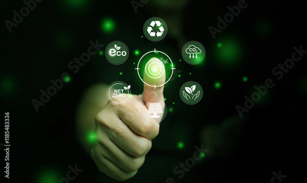 Fototapeta Green energy concept. A man with his thumbs up at icons of sustainable renewable power sources
