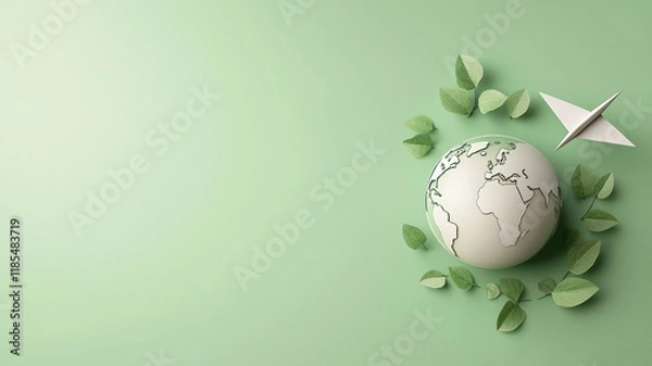 Fototapeta paper airplane glides around green earth, surrounded by leaves, symbolizing nature and creativity