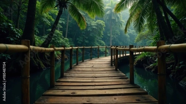 Obraz Serene Wooden Pathway Winding Through Lush Tropical Foliage, Across a Still, Dark Waterway