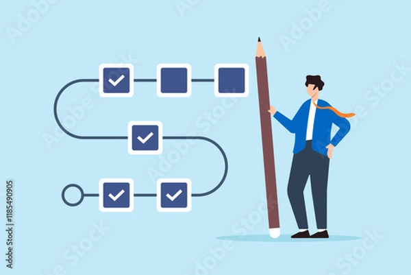 Fototapeta Flat illustration of project manager hold large pencil to check completed task tracking progress in project timeline