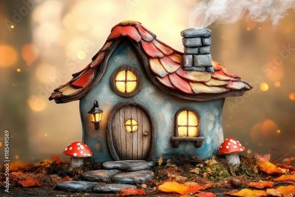 Obraz Whimsical Fairy Tale Cottage with Smoke and Mushrooms