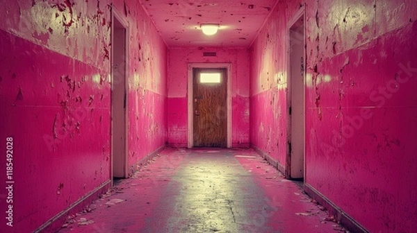 Fototapeta Vibrant Abandoned Hallway with Peeling Paint
